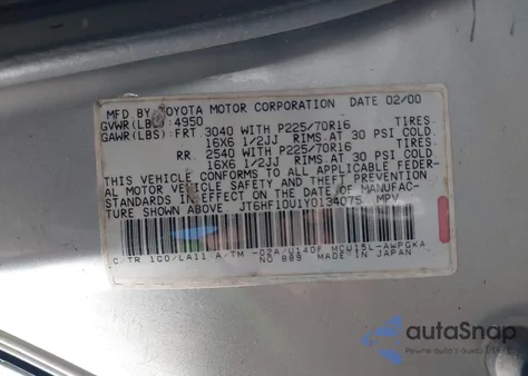 2000 Lexus Rx 300 from USA, damaged, VIN JT6HF10U1Y0134075